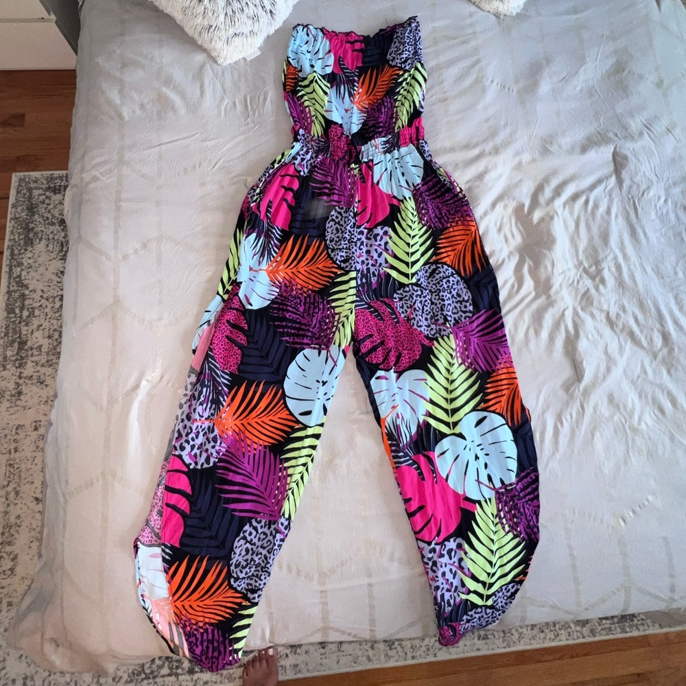 Bar III Strapless Jumpsuit Cover-Up - Size M - Palm Prowl
